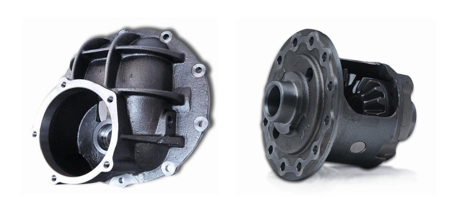 Two ways to carry a ring gear: the Ford 9-inch drop-out third member (left) and the Ford 8.8's carrier, which lives inside a cast housing (right).
